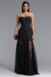 Margo Chic Contour Strapless Jacquard Floral Tulle Maxi Dress